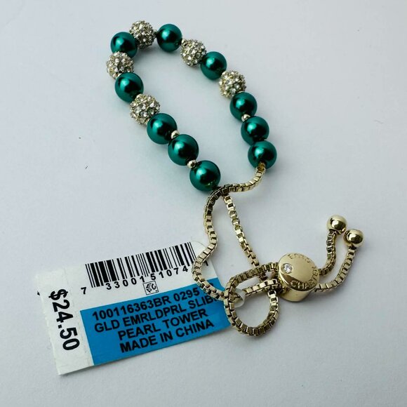 Charter Club Emerald Green Pearl & Crystal Slider Bracelet - Picture 2 of 3